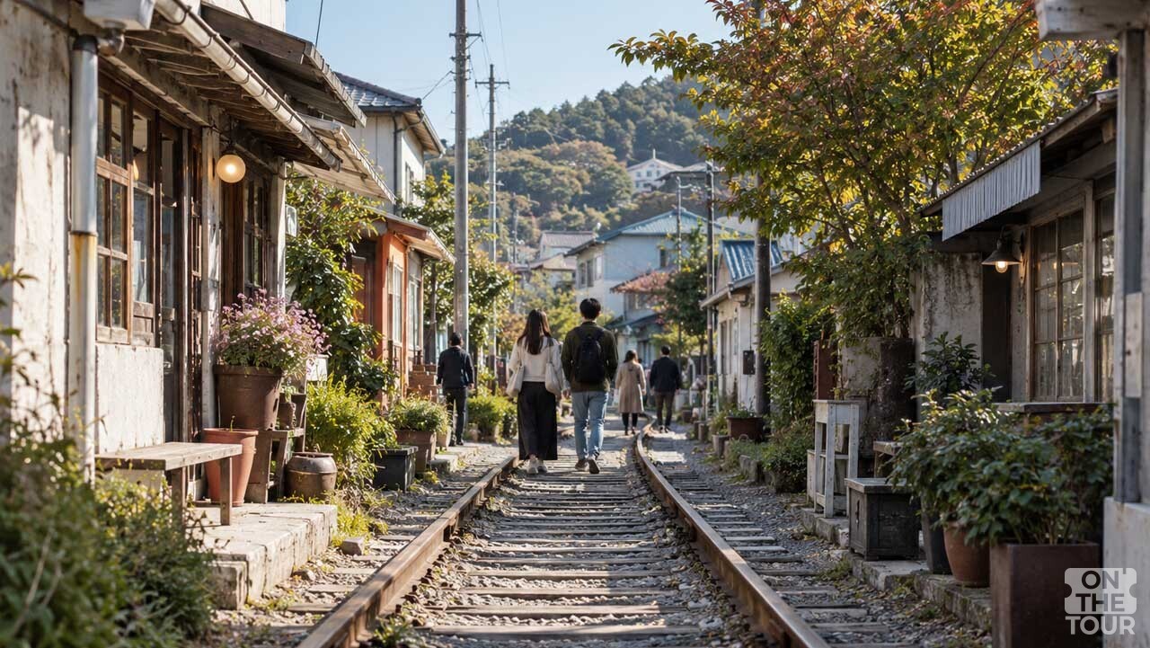 경암동 철길마을의 낡은 기찻길을 따라 여행객들이 걷는 모습. (AI 생성) / 온더투어