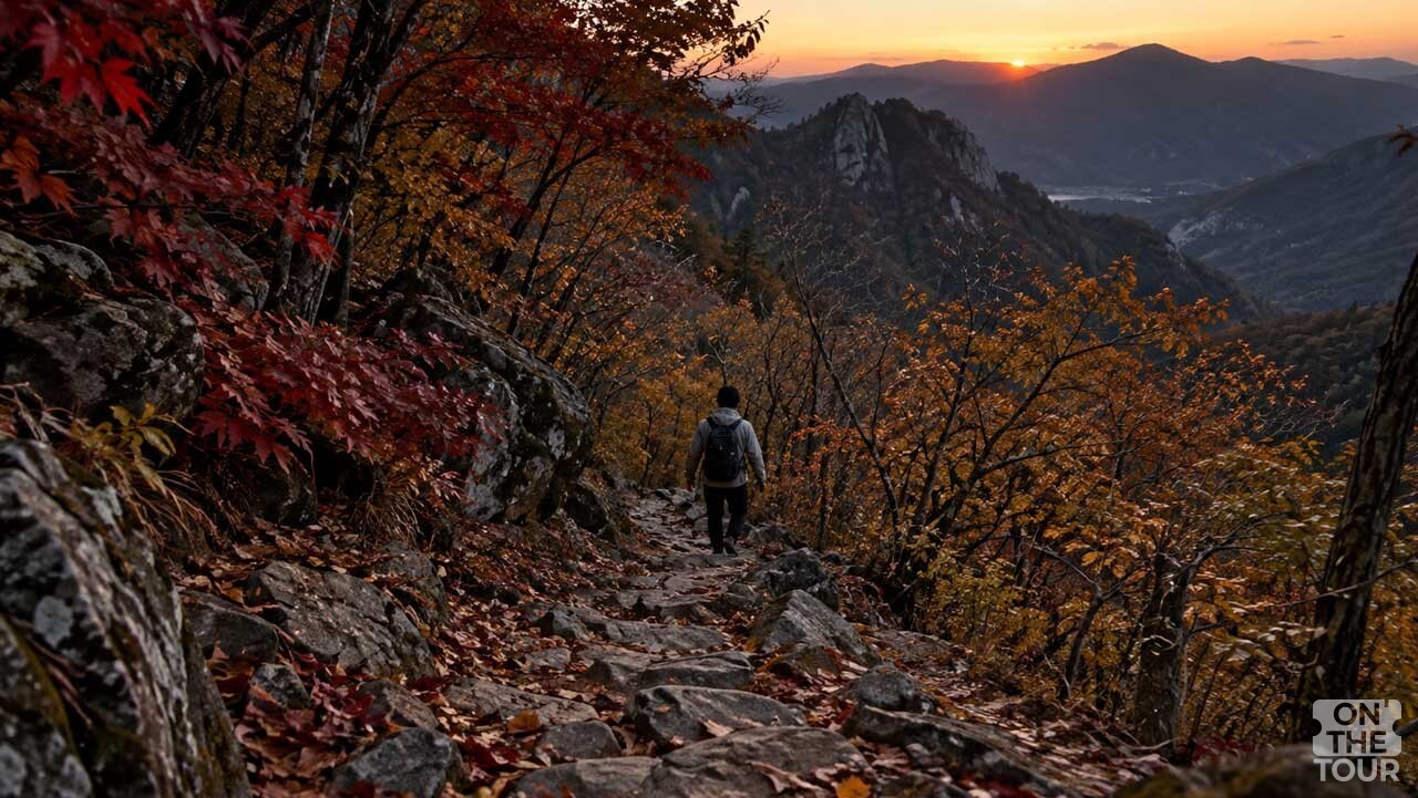 해 질 무렵 단풍이 물든 산길을 따라 하산하는 등산객. (AI 생성) / 온더투어