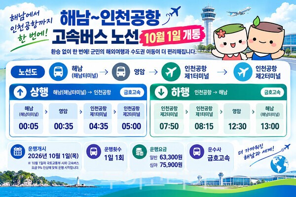 해남~인천공항개통 고속버스 운행 시간표