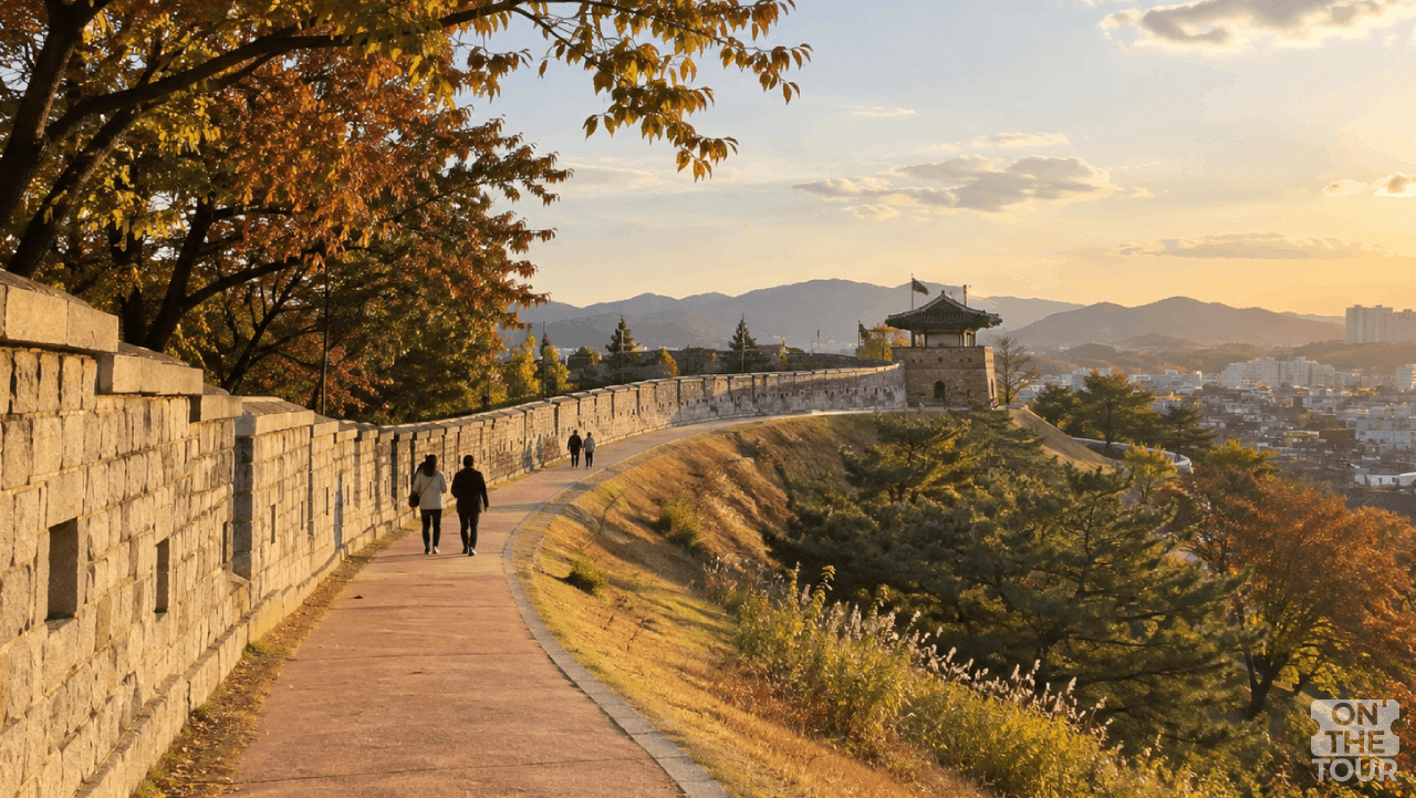 수원 화성 성곽길을 따라 늦은 오후 산책을 즐기는 여행객들. (AI 생성) / 온더투어