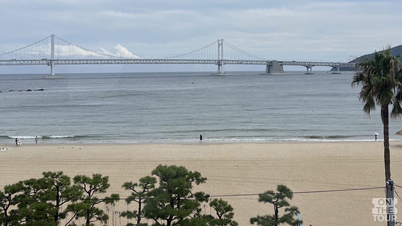 광안리해수욕장 백사장 너머로 보이는 광안대교. / 온더투어
