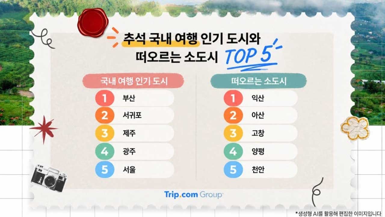 추석 국내 여행 인기 도시와 예약 증가율이 높은 소도시 순위. / 트립닷컴그룹