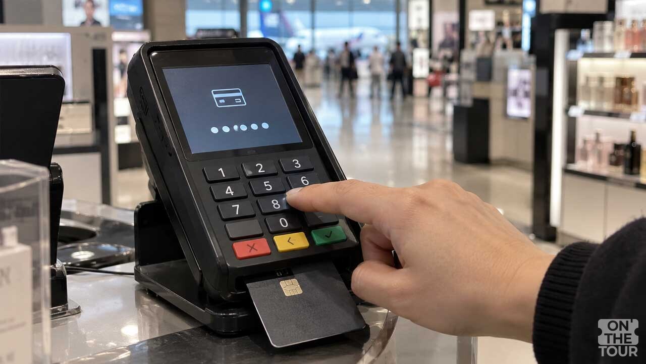 공항 매장 결제 단말기에 카드 비밀번호를 입력하는 모습. (AI 생성) / 온더투어