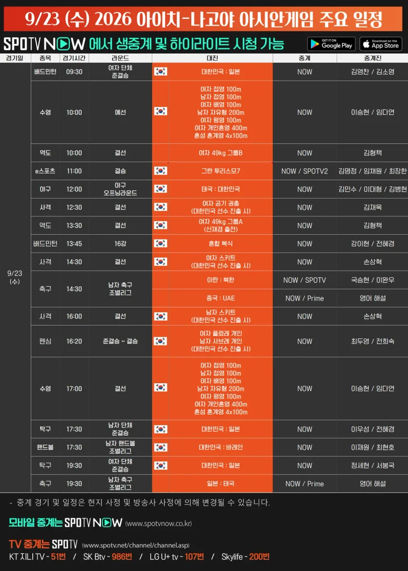 9월 23일 아시안게임 SPOTV NOW 중계 일정표 / 사진=SPOTV NOW
