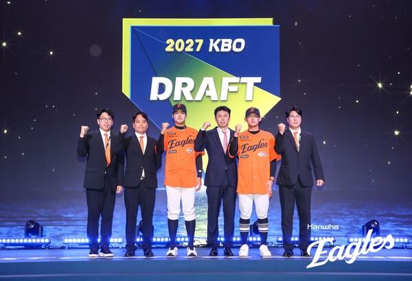 한화의 2027 신인드래프트 지명 선수 이준우와 민주홍(사진=한화)