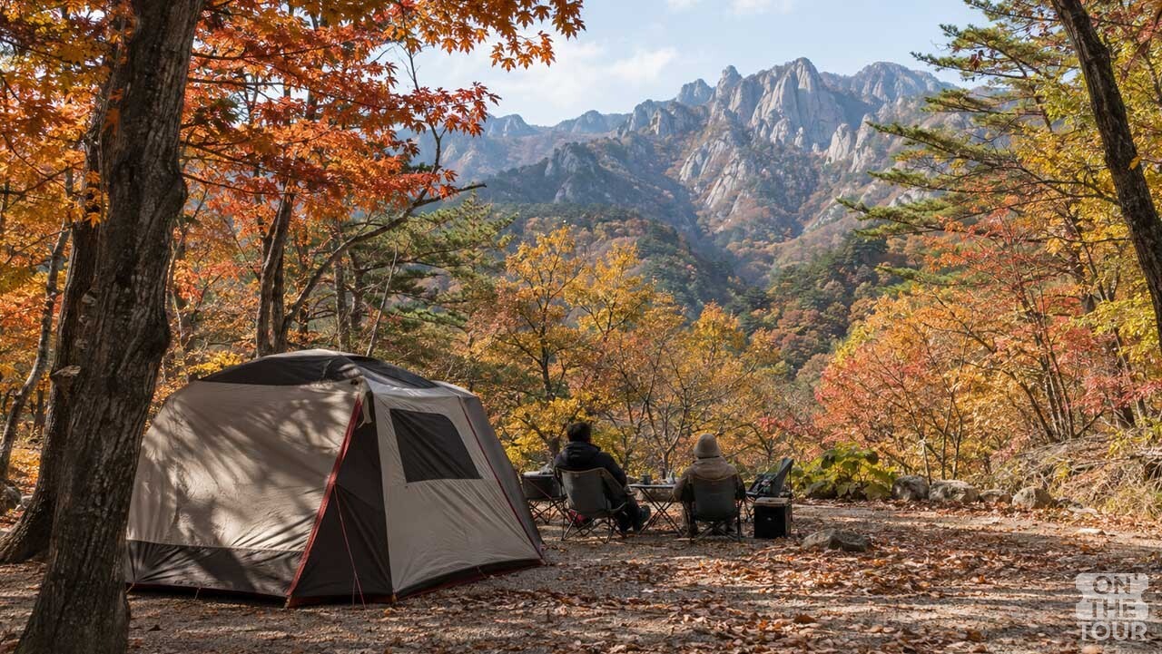설악산의 붉은 단풍과 암봉을 바라보며 캠핑을 즐기는 설악동야영장. (AI 생성) / 온더투어