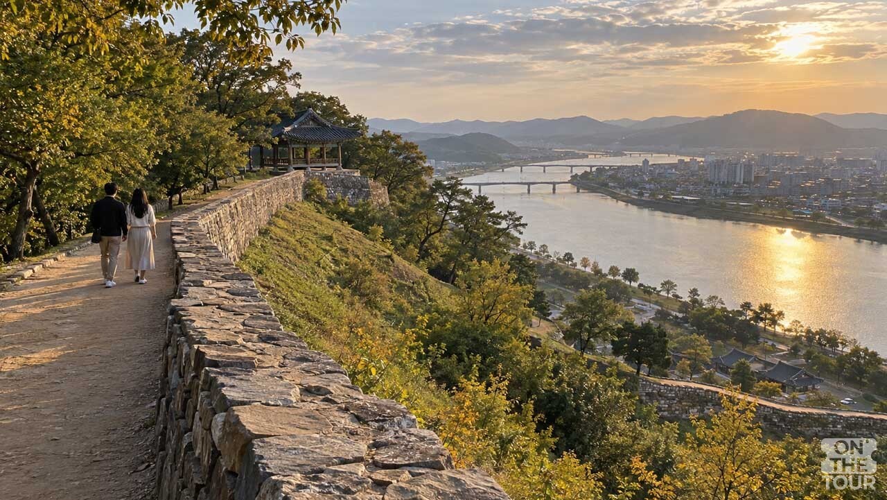 금강과 공주 시내를 내려다보며 걸을 수 있는 공산성 성곽길. / 온더투어