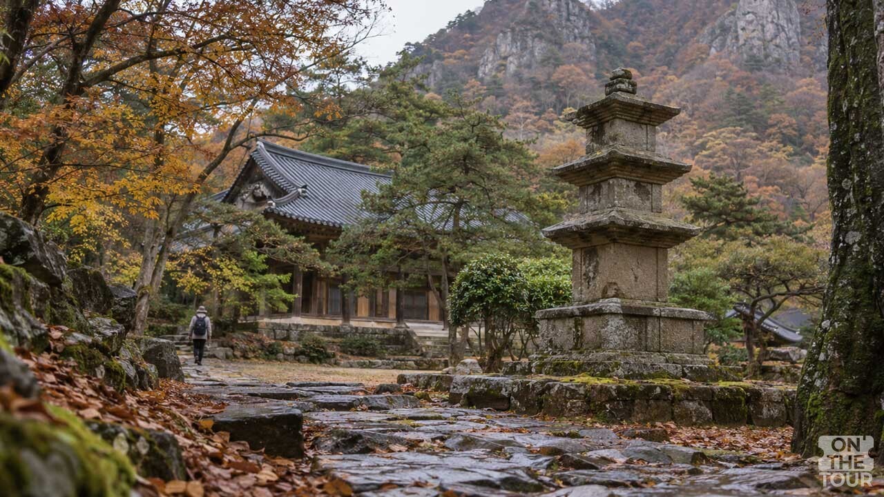 가을빛으로 물든 천관산 자락의 천관사 삼층석탑. (AI 생성) / 온더투어