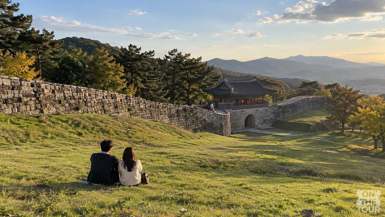 넓은 풀밭과 오래된 돌벽이 어우러진 청주 상당산성. / 온더투어