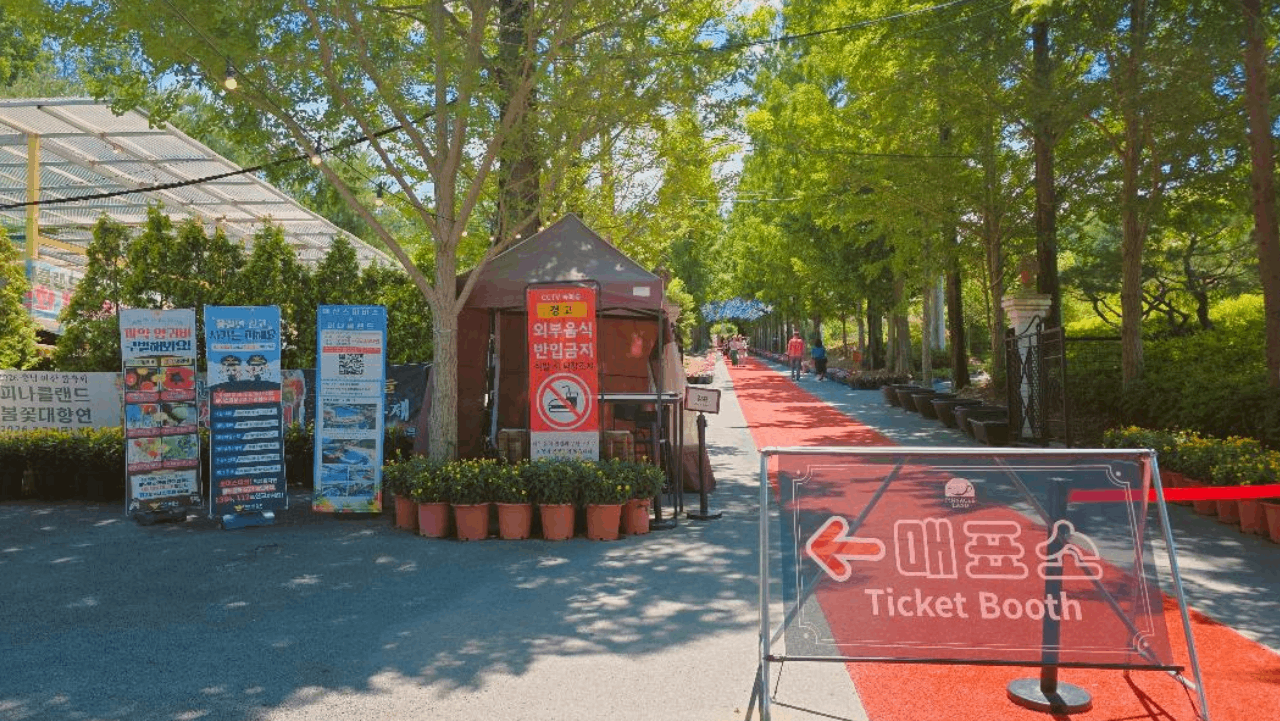 나무 그늘 아래 매표소로 이어지는 피나클랜드 입구 산책로. / 충청남도청