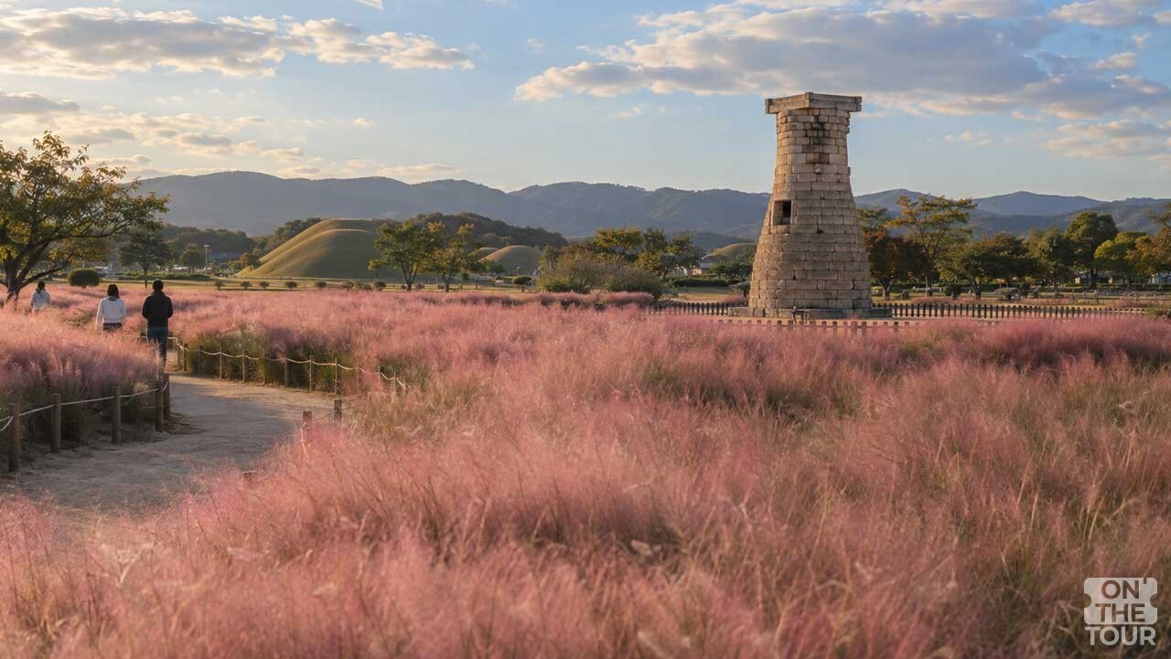 경주 첨성대와 신라 고분군 주변을 분홍빛으로 물들인 핑크뮬리. (AI 생성) / 온더투어