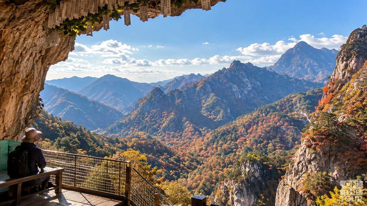 금강굴 전망 공간에서 산 능선을 바라보는 등산객과 설악산 풍경. (AI 생성) / 온더투어