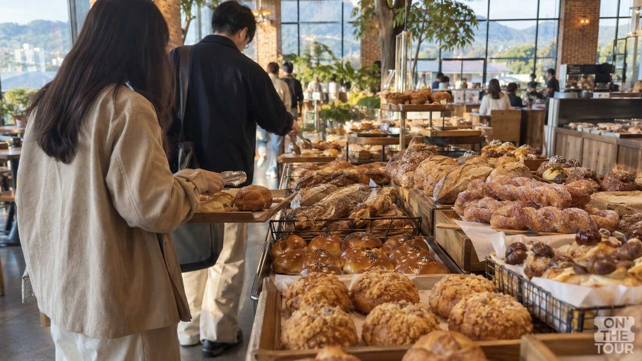 천안의 대형 베이커리 카페에서 빵을 고르는 여행객들. (AI 생성) / 온더투어
