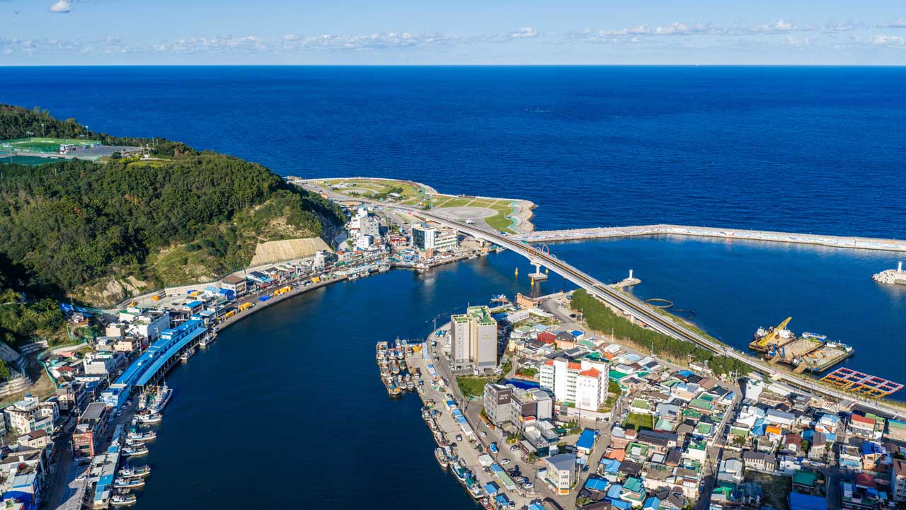 강구항과 동해 사이를 연결하는 강구해상대교와 주변 항구 전경. / 영덕군 제공