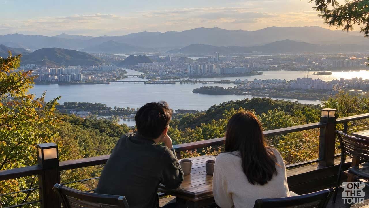 구봉산 카페거리에서 춘천 시내와 의암호를 바라보는 여행객들. (AI 생성) / 온더투어