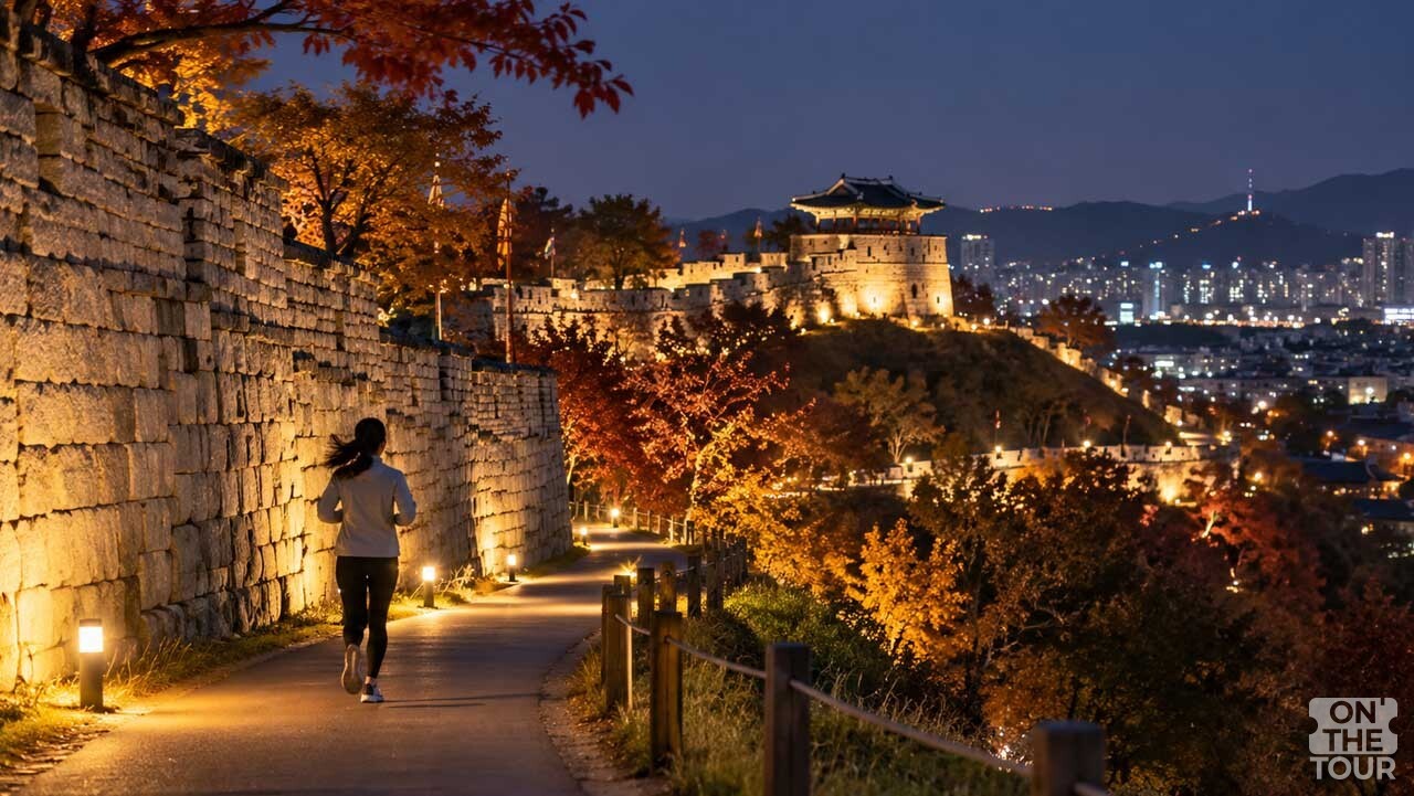 조명이 켜진 수원화성 성곽길을 따라 야간 러닝을 즐기는 모습. (AI 생성) / 온더투어