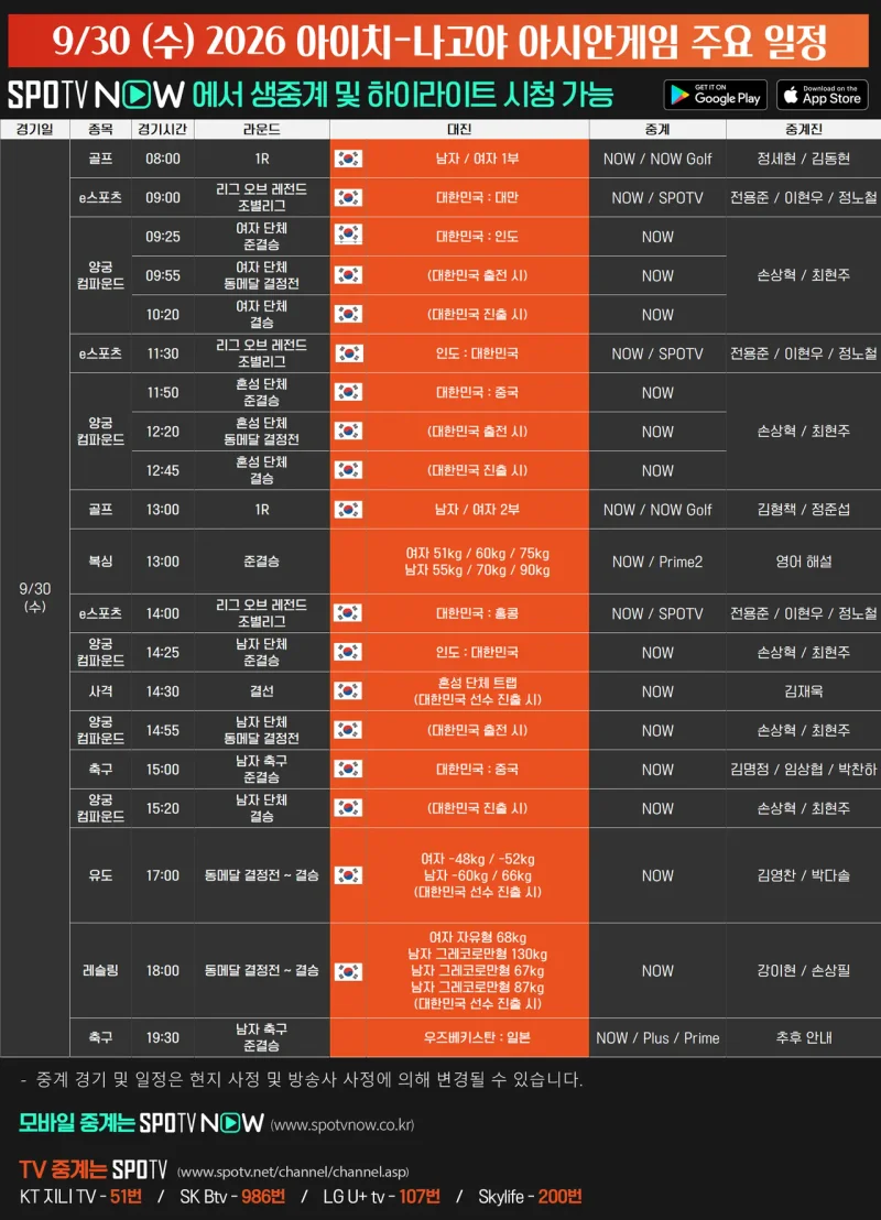 9월 30일 아이치·나고야 아시안게임 주요 경기 일정표 / 사진=SPOTV NOW