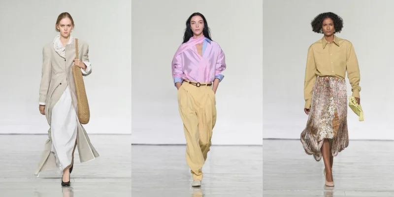 베이지 코트와 화이트 드레스, 라일락 셔츠에 옐로우 팬츠, 옐로우 셔츠에 플로럴 스커트를 매치한 룩이 런웨이를 채웠다. / 사진=보테가베네타