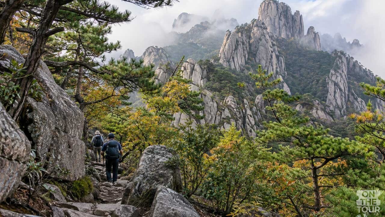 안개가 걷히는 월출산 숲길을 따라 걷는 등산객들. (AI 생성) / 온더투어