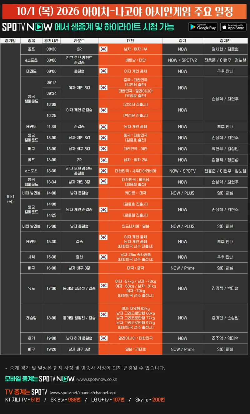 2026 아이치·나고야 아시안게임 10월 1일 주요 경기 일정표 / 사진=SPOTV NOW