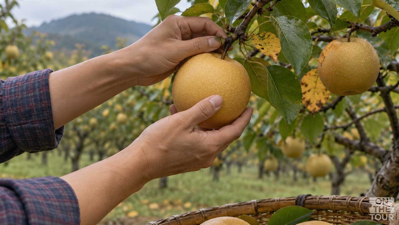 나주 배 과수원에서 가지에 달린 배를 직접 따는 모습. (AI 생성) / 온더투어