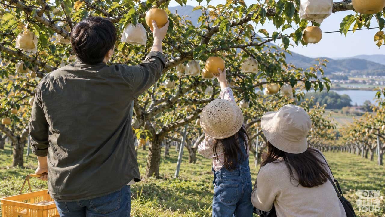 나주 배 과수원에서 가족이 직접 배를 따는 모습. (AI 생성) / 온더투어