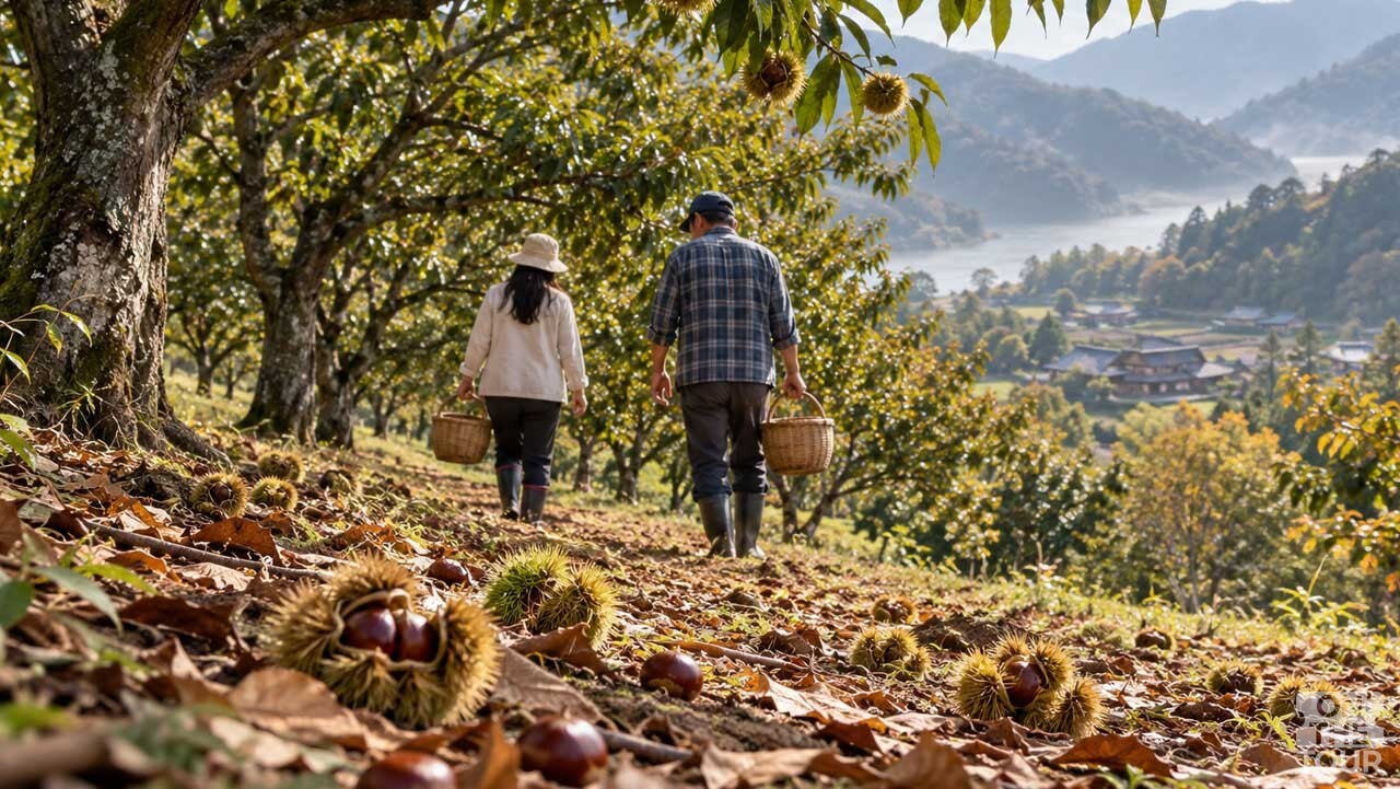 공주 알밤 농장에서 바구니를 들고 밤나무 사이를 걷는 모습. (AI 생성) / 온더투어