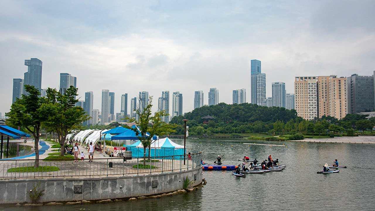 고층 빌딩 숲을 배경으로 호수에서 패들보드를 타며 수상 레저를 즐기는 사람들. / 세종시 공식 SNS