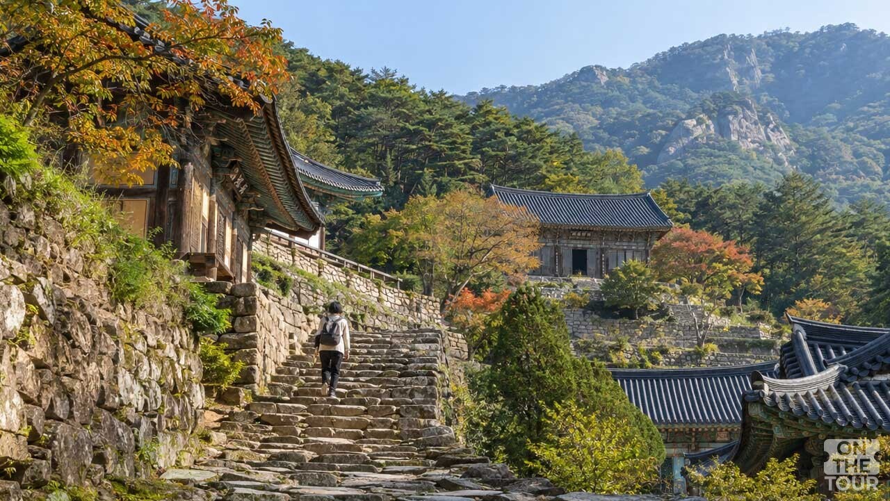 석축과 계단을 따라 부석사 경내로 오르는 길. (AI 생성) / 온더투어
