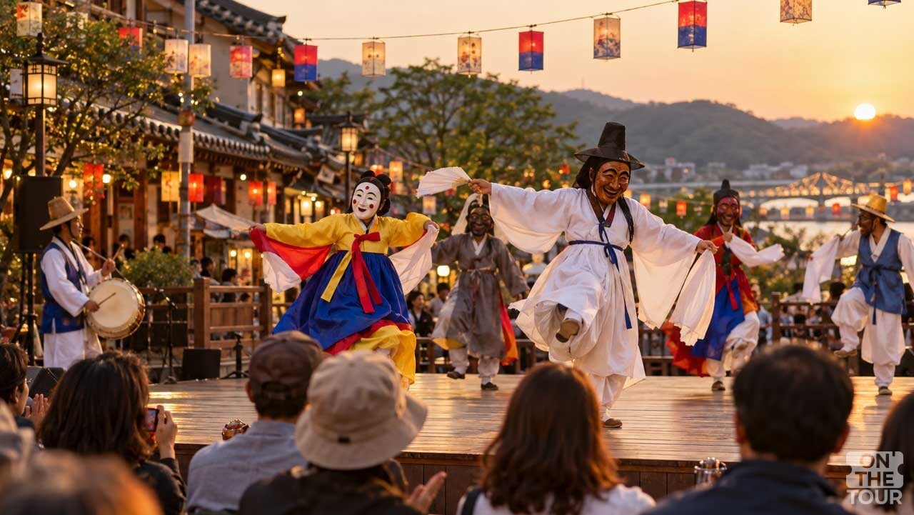 안동 도심에서 탈춤 공연을 관람하는 사람들. (AI 생성) / 온더투어