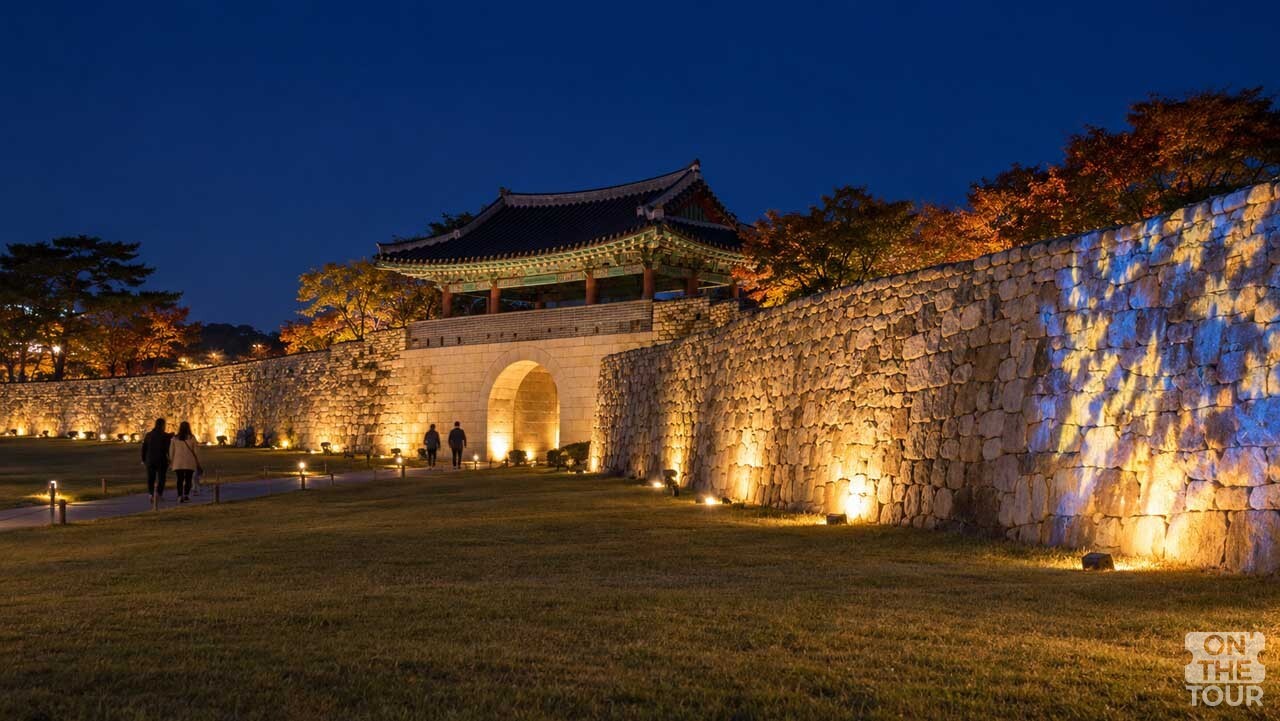 진남문과 성벽을 따라 불빛이 이어지는 해미읍성의 야경을 표현한 이미지. (AI 생성) / 온더투어