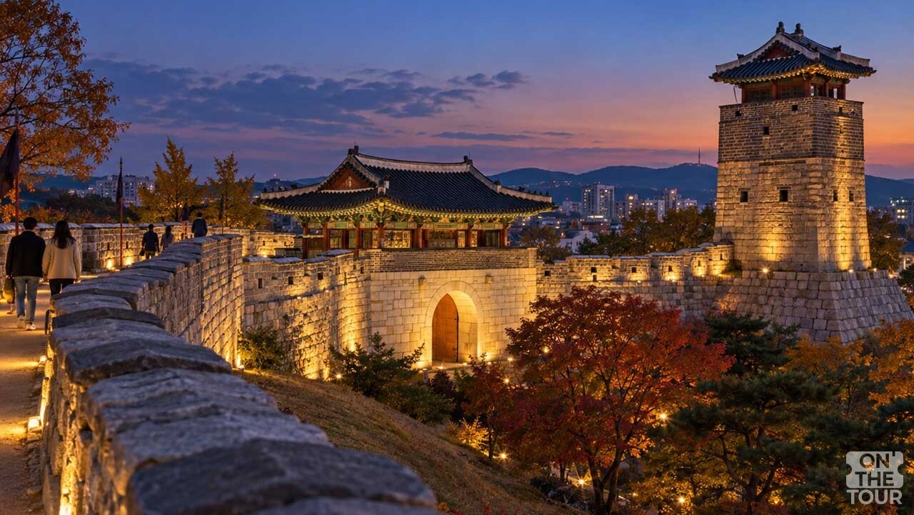 따뜻한 조명이 켜진 성벽을 따라 가을밤 산책을 즐기는 풍경. (AI 생성) / 온더투어