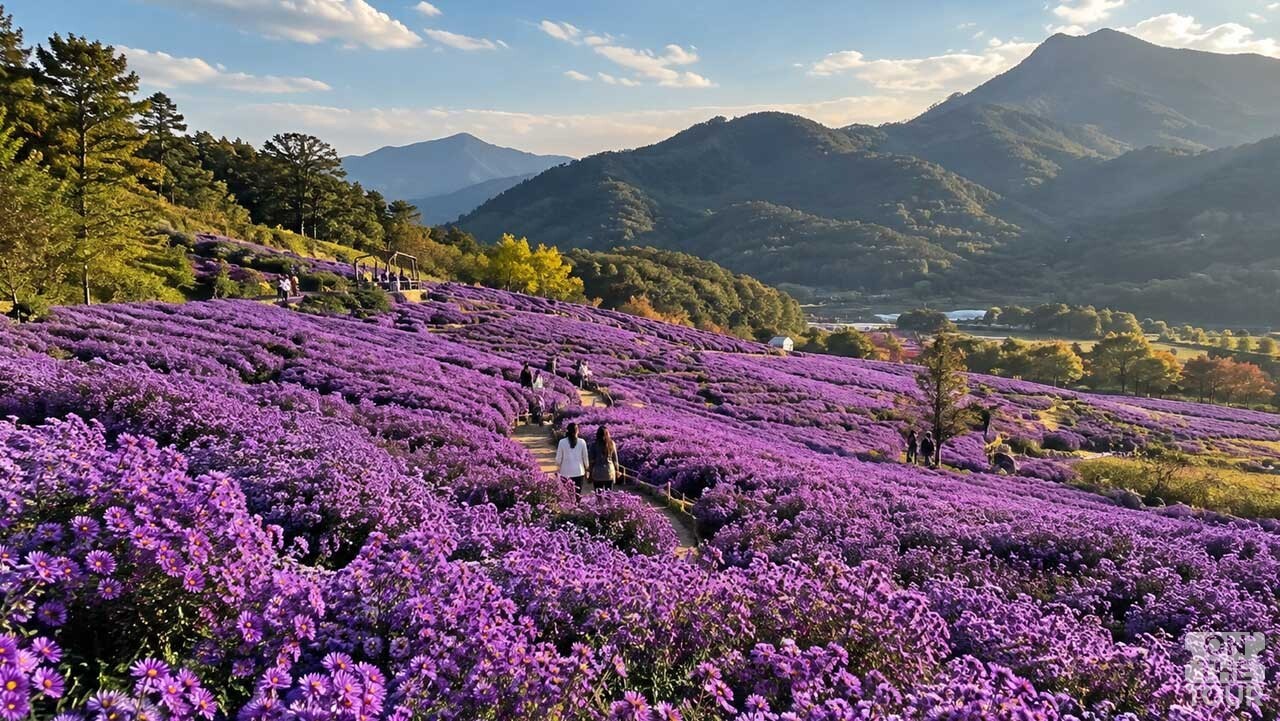 개미취 꽃밭 사이 산책로를 따라 걷는 여행객들. (AI 생성) / 온더투어