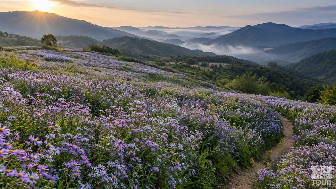 문경 산자락을 따라 보랏빛 개미취가 넓게 펼쳐진 가을 풍경. (AI 생성) / 온더투어