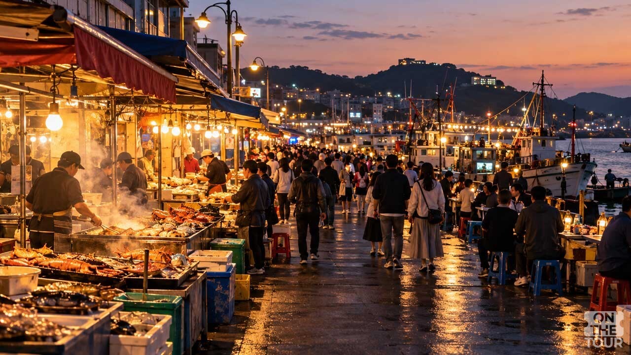 해가 진 뒤 수산물 먹거리와 방문객으로 붐비는 목포항구축제 현장. (AI 생성) / 온더투어