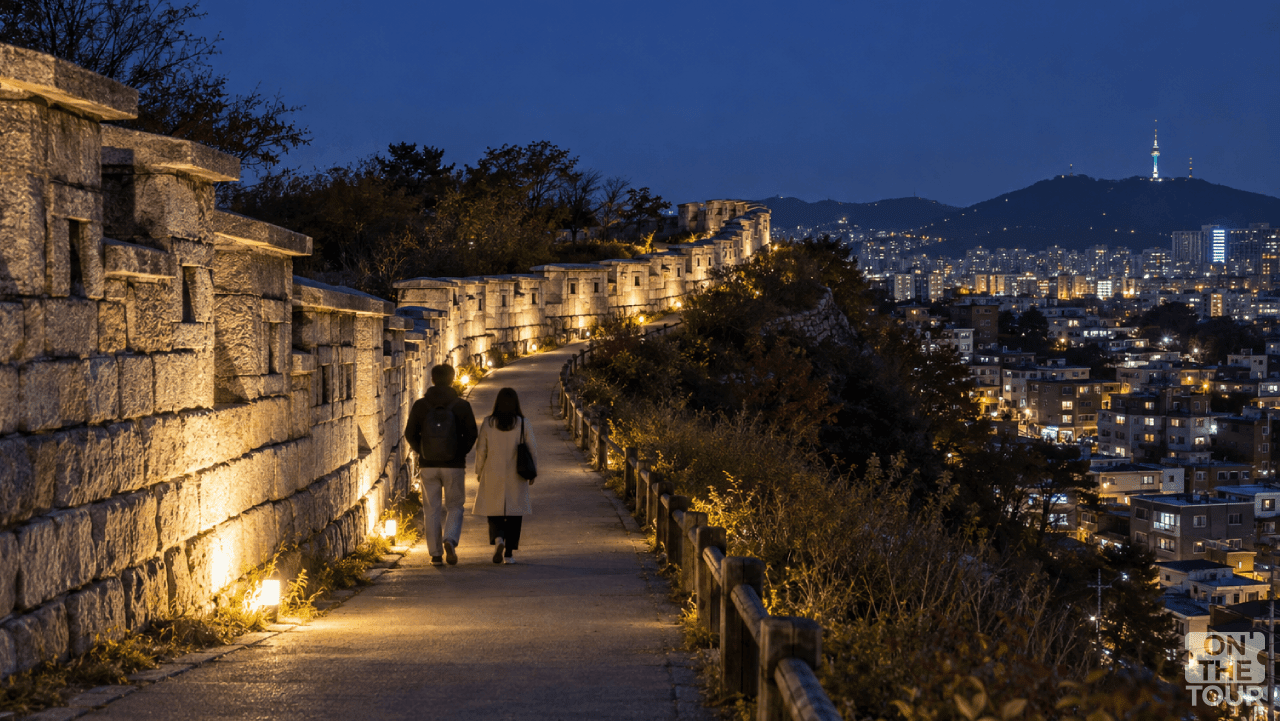 은은한 조명이 켜진 낙산공원 한양도성 성곽길을 걷는 방문객들. (AI 생성) / 온더투어