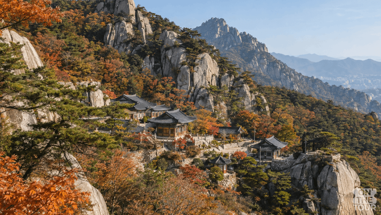 도봉산 암벽과 가을 단풍에 둘러싸인 망월사 풍경. (AI 생성) / 온더투어