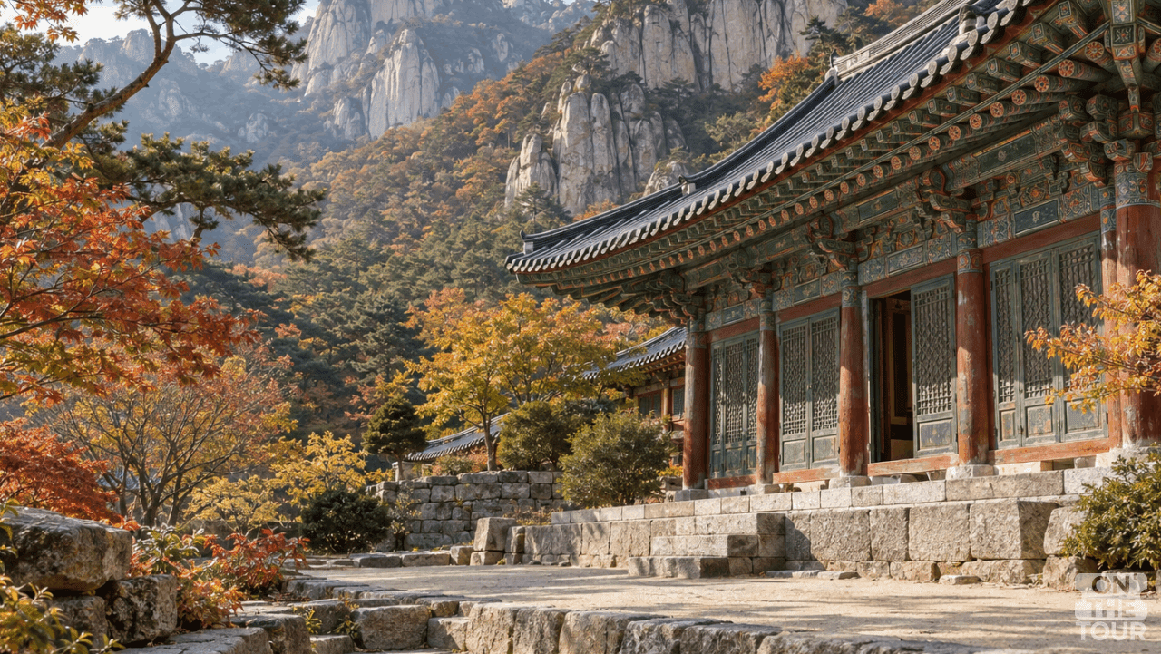 망월사 전각의 처마 너머로 펼쳐진 도봉산 암벽과 가을 숲. (AI 생성) / 온더투어