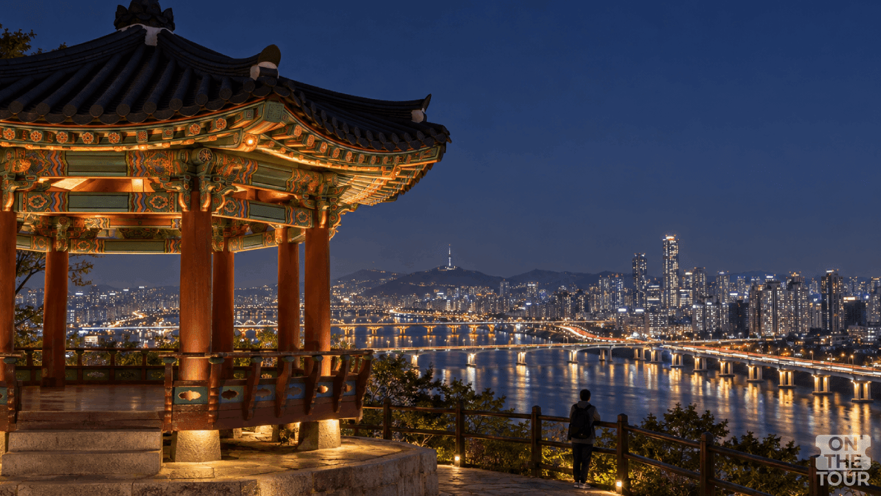 응봉산 팔각정 옆 전망 공간에서 바라보는 한강의 밤 풍경. (AI 생성) / 온더투어