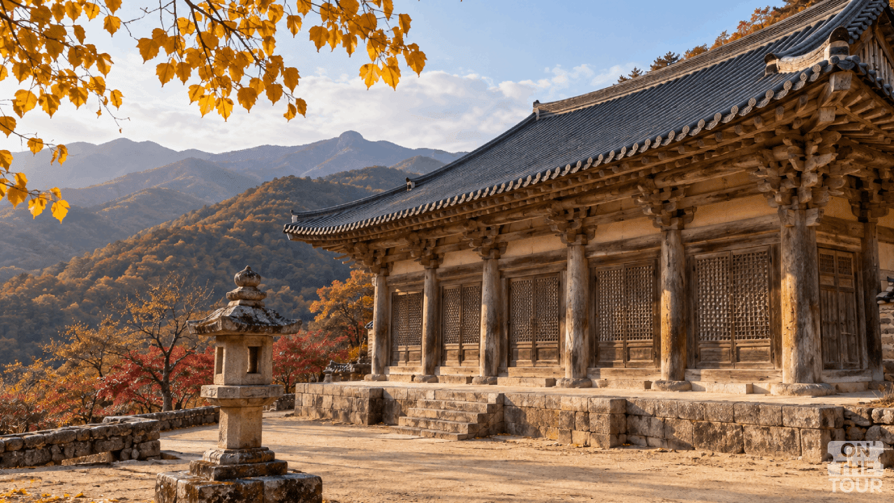 가을 산을 배경으로 자리한 영주 부석사 무량수전과 석등. (AI 생성) / 온더투어