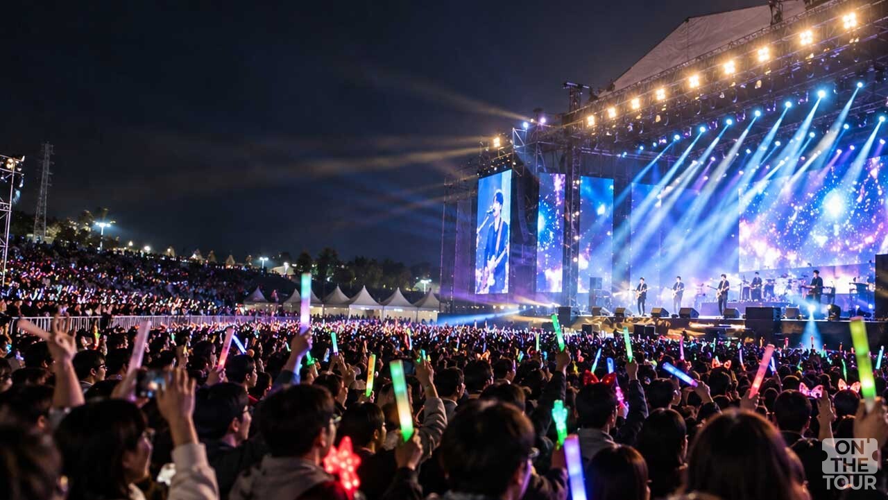 우(牛)아한 뮤직페스타에서 관람객들이 형형색색 응원봉을 들고 야외 공연을 즐기고 있다. (AI 생성) / 온더투어