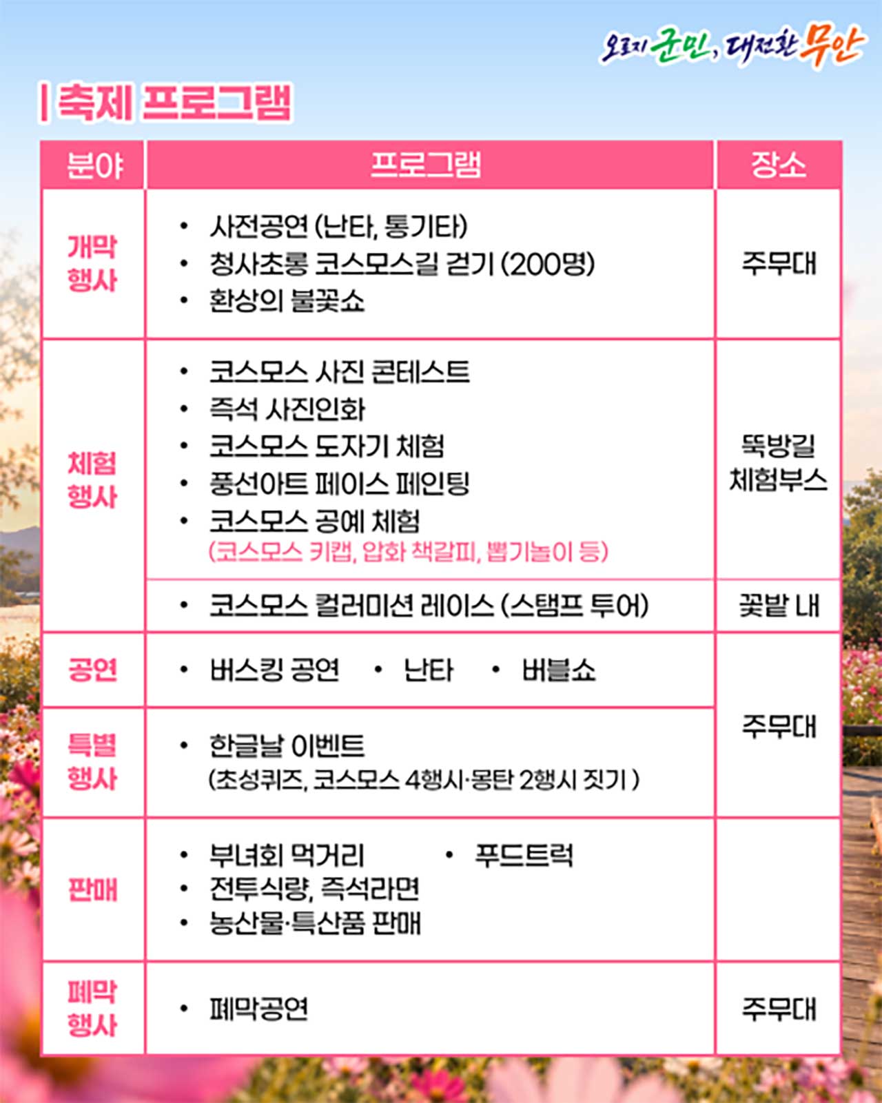 청사초롱 코스모스길 걷기와 체험 행사 등이 담긴 몽탄 코스모스축제 프로그램 안내. / 무안군 공식 SNS