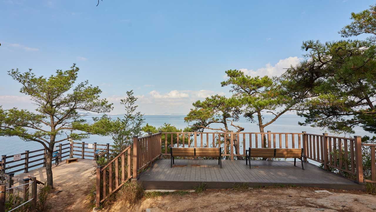 소나무 사이로 인천 앞바다가 펼쳐지는 무의바다누리길 전망 쉼터. / 인천투어