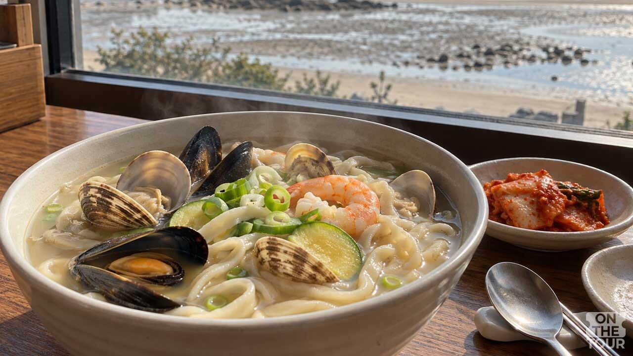 영종도 마시안 해변 여행 중 즐기는 해물칼국수 한 상. (AI 생성) / 온더투어