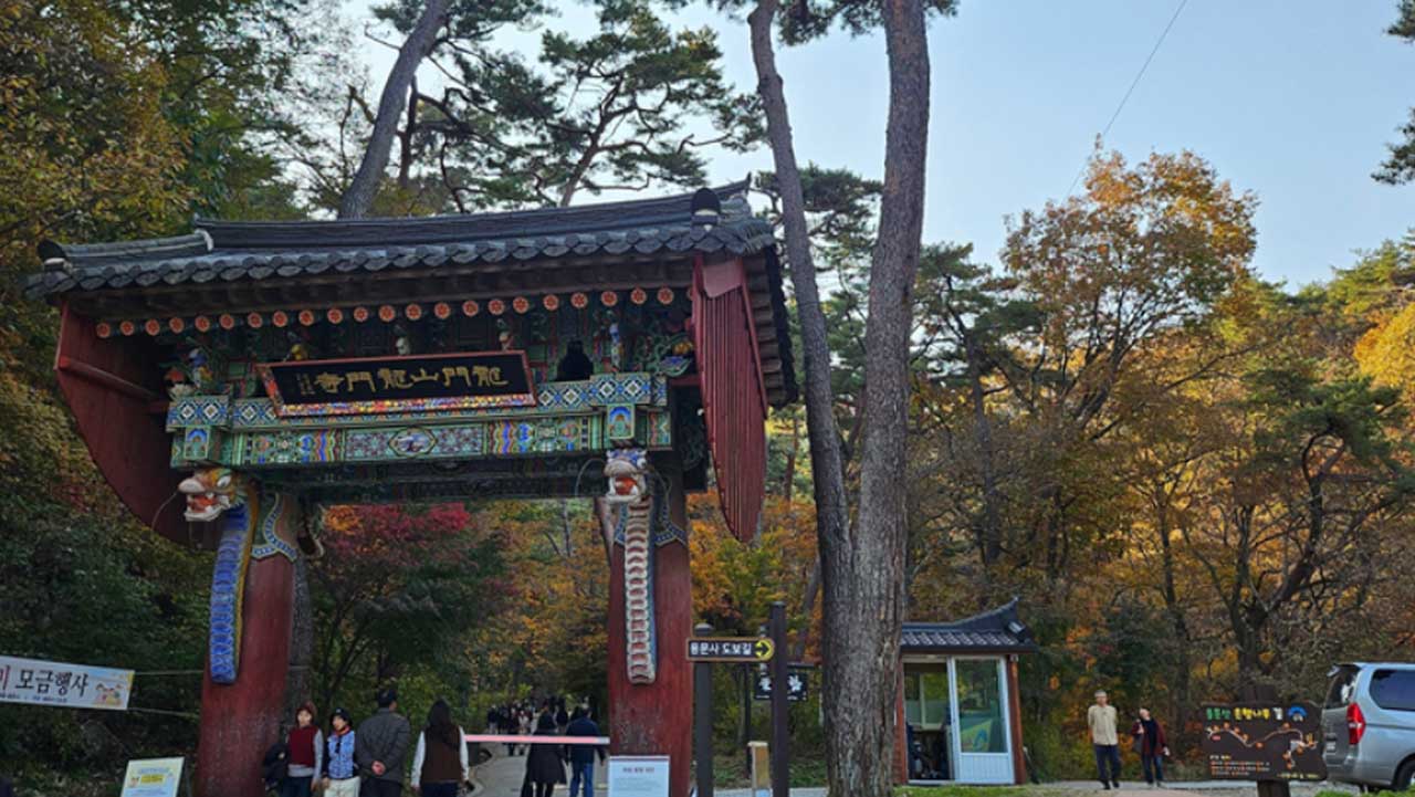 가을 숲 사이에 자리한 용문사 일주문. / 양평군 공식 SNS