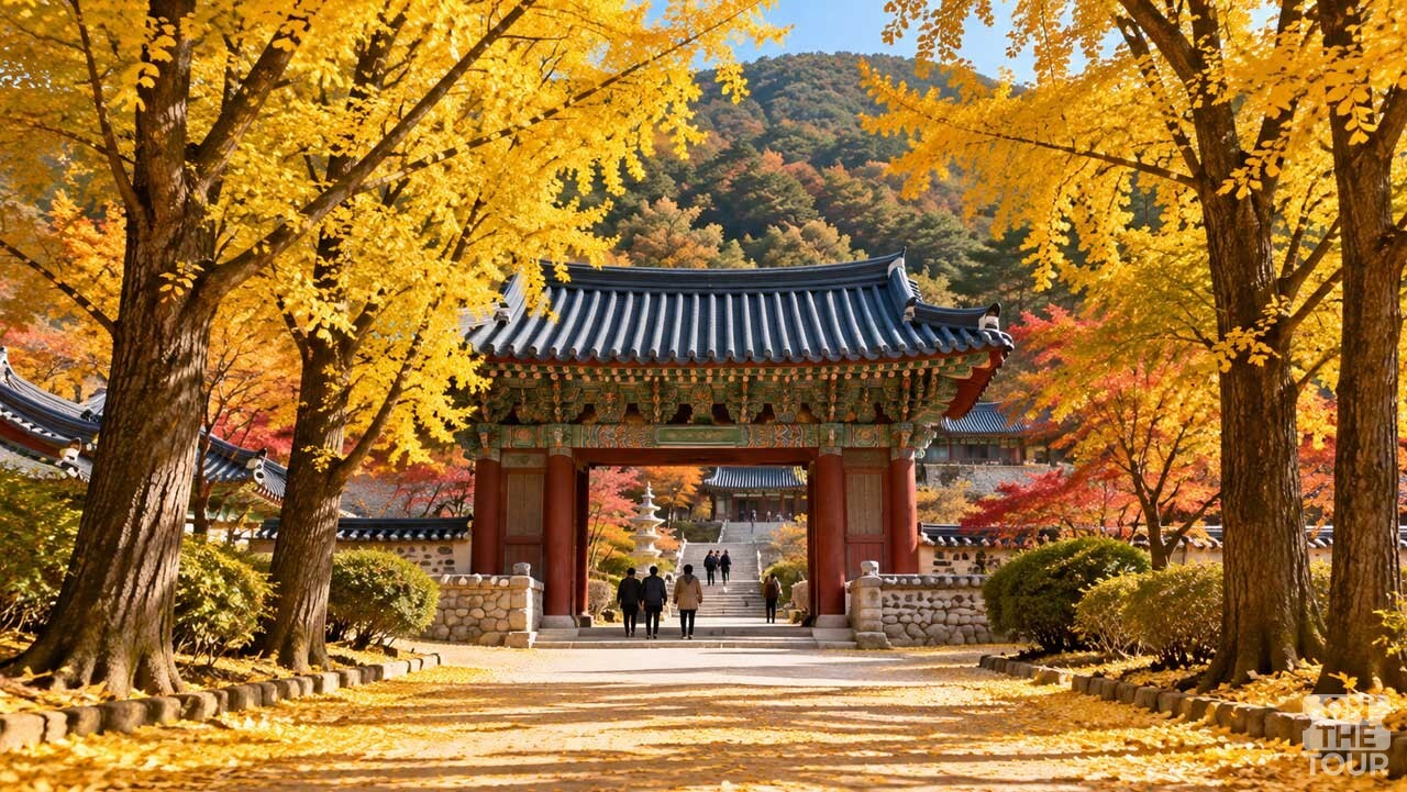 부석사로 이어지는 은행나무길이 노란 단풍으로 물든 가을 풍경. (AI 생성) / 온더투어