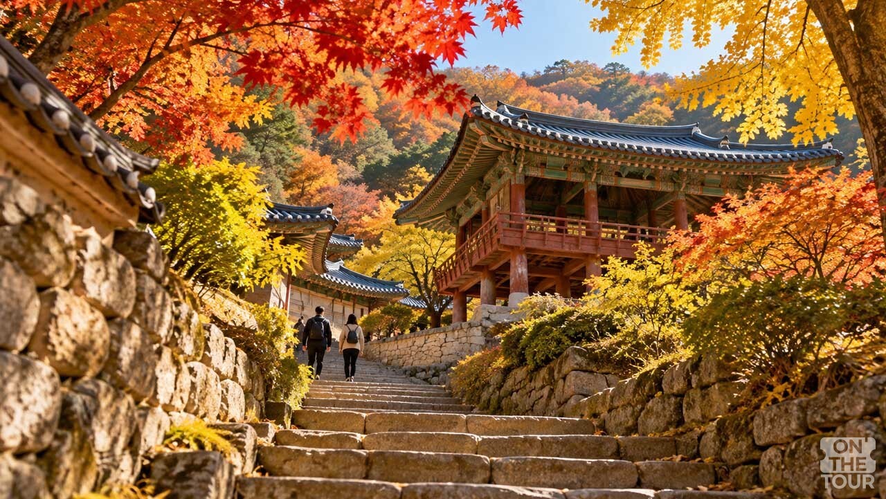 돌계단과 석축을 따라 안양루 방향으로 올라가는 부석사 가을 산책길. (AI 생성) / 온더투어