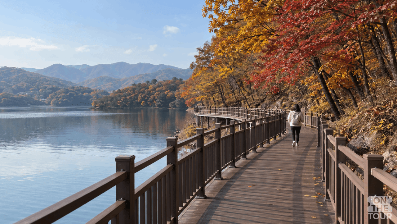 가을 산자락 사이로 길게 이어진 파주 마장호수 출렁다리. (AI 생성) / 온더투어