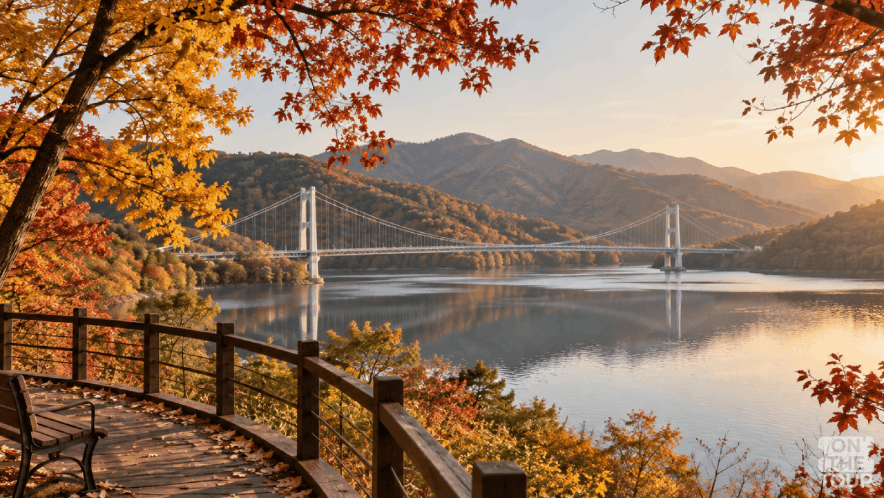 단풍 든 산자락과 마장호수 출렁다리가 한눈에 들어오는 수변 산책로. (AI 생성) / 온더투어
