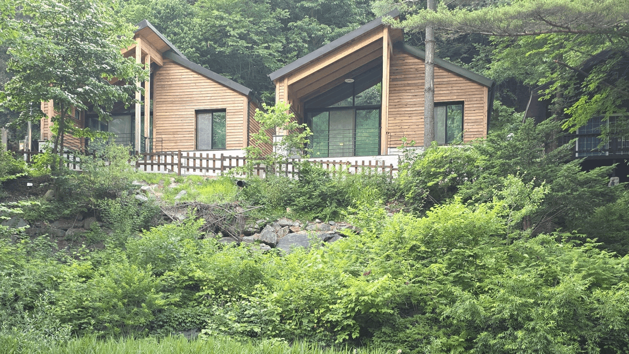 울창한 숲속에 자리한 국립가리왕산자연휴양림의 숲속의 집. / 숲나들e